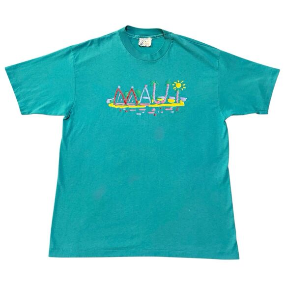 Vintage 90s Ken Done Maui Hawaii Beach Graphic Teal Short Sleeve Shirt Size XL - Picture 1 of 5